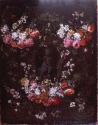Jan Philip van Thielen Garland of flowers surrounding cherub in grisaille Spain oil painting artist